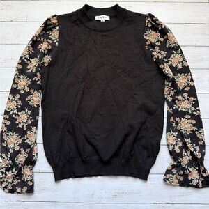 THML Floral Puff Sleeve Sweater Black Knit Romantic Cottagecore Size M